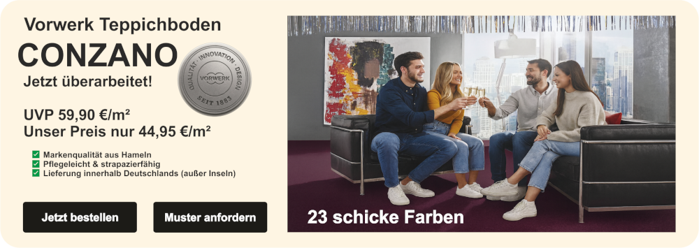 Vorwerk Conzano Teppichboden – Velours-Oberfläche in Farbe 1M04, gleichmäßig strukturiert, präsentiert als Rollenansicht auf dunklem Hintergrund, erhältlich in 4 m und 5 m Breite.